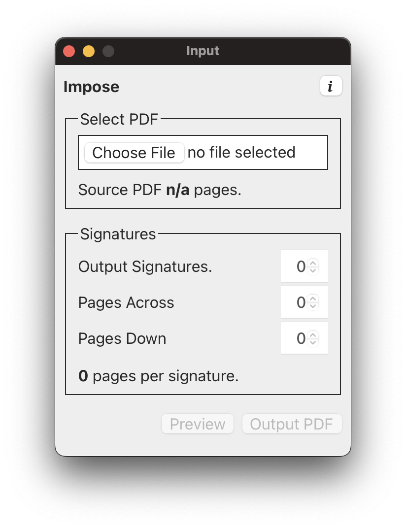 The default state of the new project screen, showing inputs for seleting a source PDF, as well as output signature options.