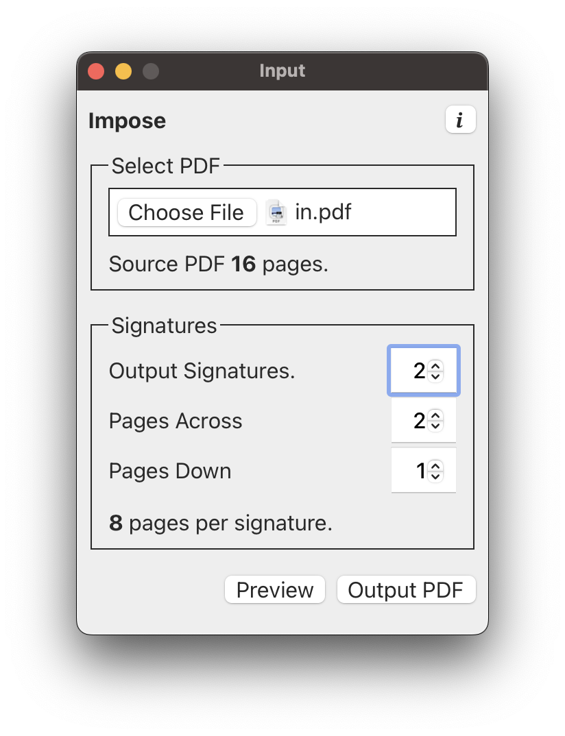 Setting the number of sigatures will adjust how many pages per signature are created.